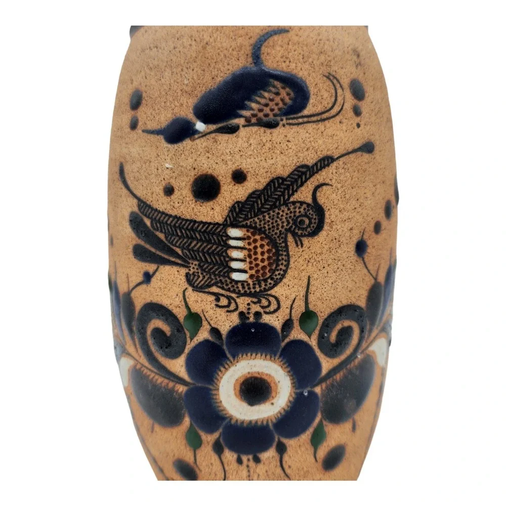 VTG Tonala Mexican Folk Art Pottery Vase Blue Sandstone Floral Bird Signed 9